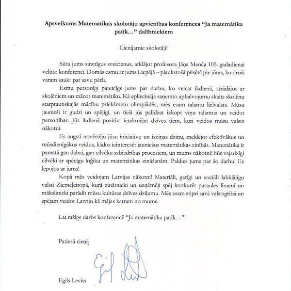 LR Prezidenta Egila Levita apsveikums, 2019., Liepāja. Foto no R.Andersones arhīva