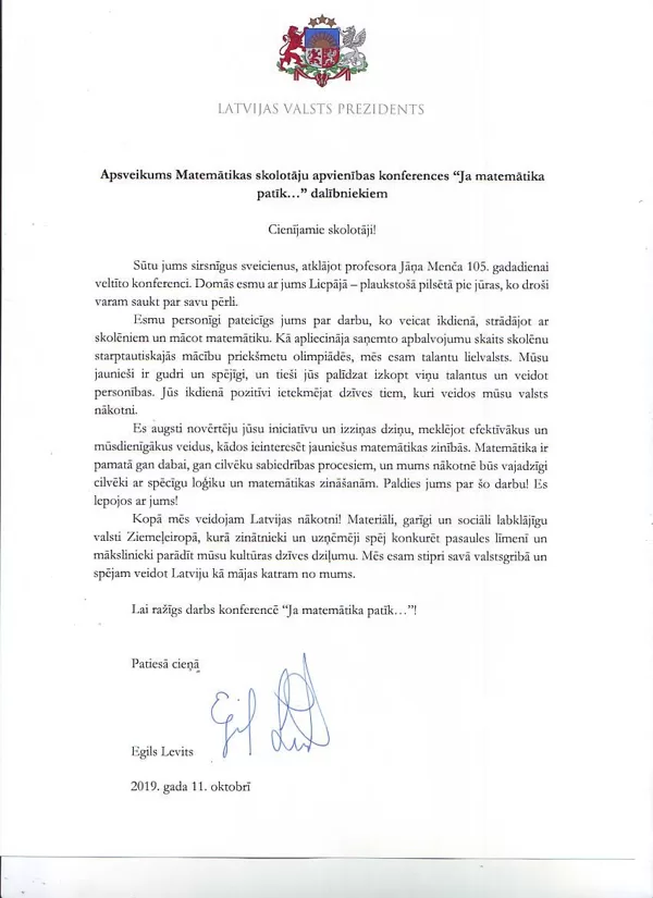 LR Prezidenta Egila Levita apsveikums, 2019., Liepāja. Foto no R.Andersones arhīva